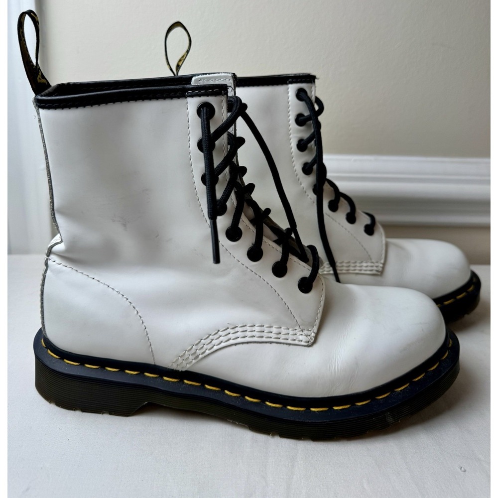 Dr. Martens 1460 White Leather 8 Eye Combat Boots Black Laces Yellow Stitching